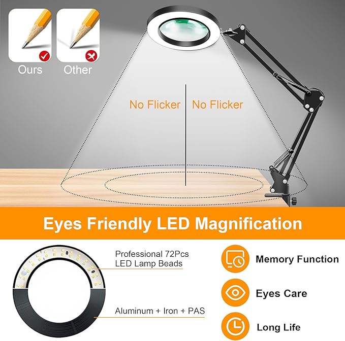10X Magnifying Glass with Light and Stand, Magnifier with Light Hands Free, 3 Color Modes 10 Level Dimmable, Magnifying Real Glass LED Desk Lamp for Close Work, Repair, Reading, Craft, Black