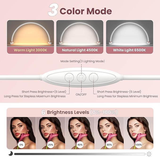Yokilly Arc Half Moon Light: 20" Half Moon Light with Foldable Bracket for Desk Salon Table Use - No Flicker & Shadow-Free Desk Lamp with Stepless Brightness 3000-6500K for Manicurist Nail Tech