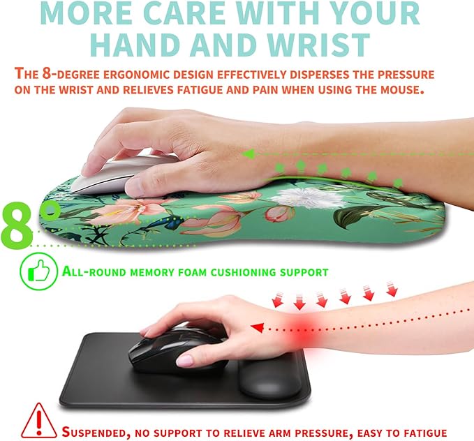 Ergonomic Mouse Pad Wrist Support with Memory Foam Massage Bulge, Carpal Tunnel Mousepad Wrist Rest for Mouse(12x8 inch, Pink Flowers)