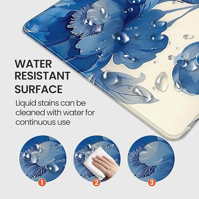 XXL Gaming Mouse Pad, Blue Floral Design, 35.4 x 15.7 Inches, Microfiber Cloth, Rectangular, Non-Slip Rubber Base