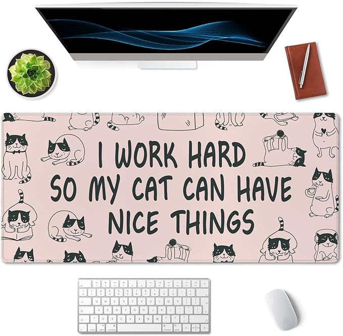SSOIU Funny Cats Quote Extended Gaming Mouse Pad (35.5x15.7 in), Large Non-Slip Rubber Base Mousepad with Stitched Edges, Waterproof Keyboard Mouse Mat Desk Pad for Work, Game, Office, Home