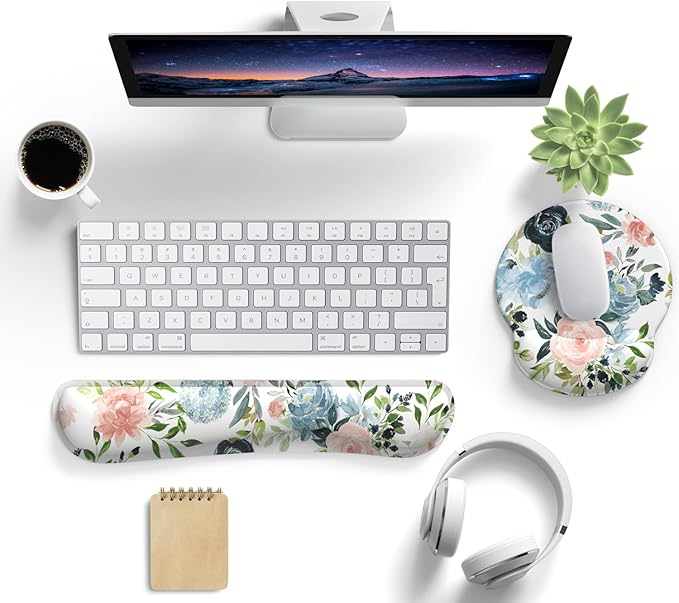 Green Blue Pink Floral Mouse Pad Wrist Support Keyboard Wrist Rest Set, Ergonomic Mouse Pad with Non-Slip Pu Base for Computer Office Comfortable Mouse Wrist Rest Easy Typing Mouse Pad.
