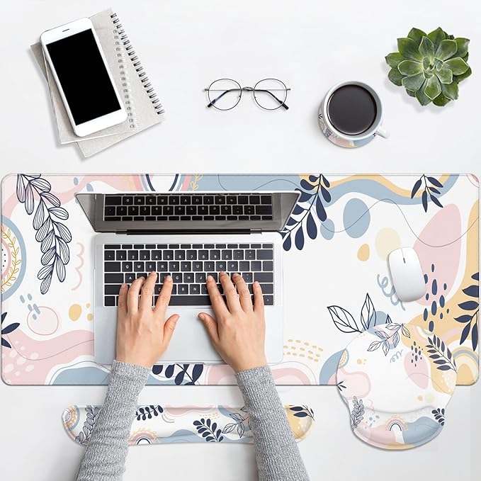 Arttown Pink Blue Desk Mat Leaves Mouse Pad Set 4 in 1 Spring Tropical Colorful Ergonomic Design Large Desk Pad + Keyboard Wrist Rest + Mouse Wrist Rest + Coaster Suitable for Home Office Study Game