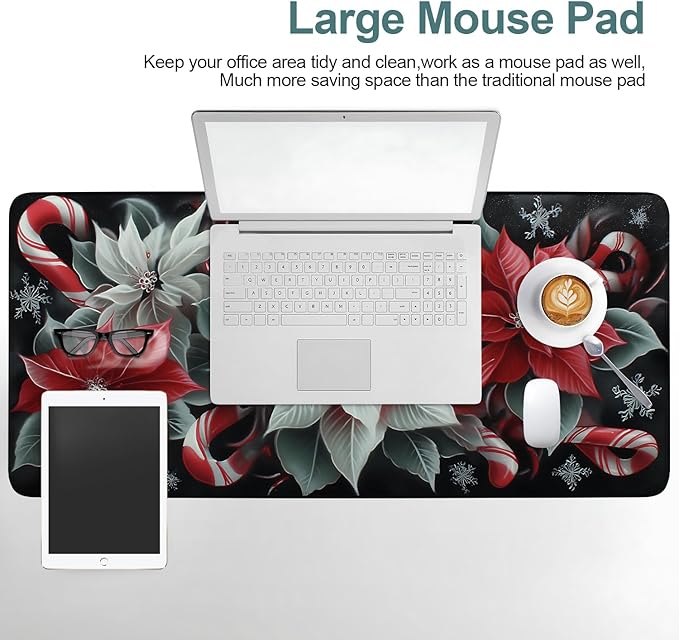 Christmas Flowers Extended Gaming Mouse Pad 35.4x15.7Inch Large Desk Mat Anti-Slip Rubber Base & Durable Stitched Edges for Gamers Smooth Mouse Writing Surface for Desk Office/Home