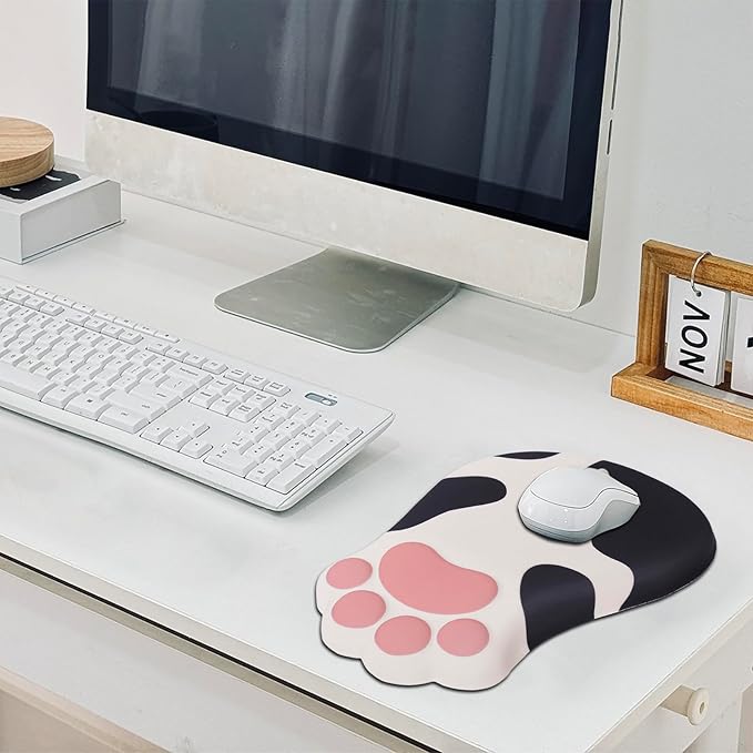 L-SPOUTTO Ergonomic Mouse Pad with Wrist Rest,Cute Cat Paw Mousepad Wrist Support,Comfortable Massage Design Computer Pain Relief Mouse Pad with Non-Slip PU Base for Desk Laptop Gaming,Cow
