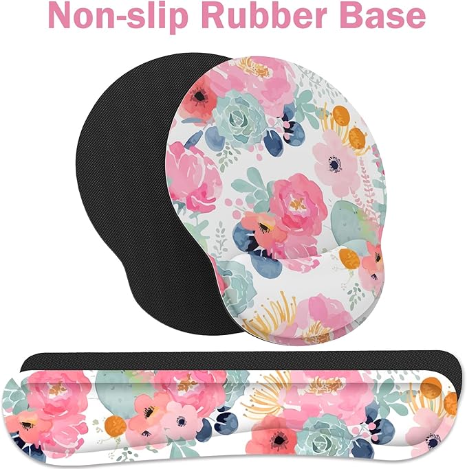 Ergonomic Mouse Pad with Wrist Rest and Keyboard Wrist Rest, Mousepad and Wrist Rest for Computer Keyboard, Non-Slip Rubber Base, Mouse Pad Wrist Support for Gaming, Office, Pink Flower