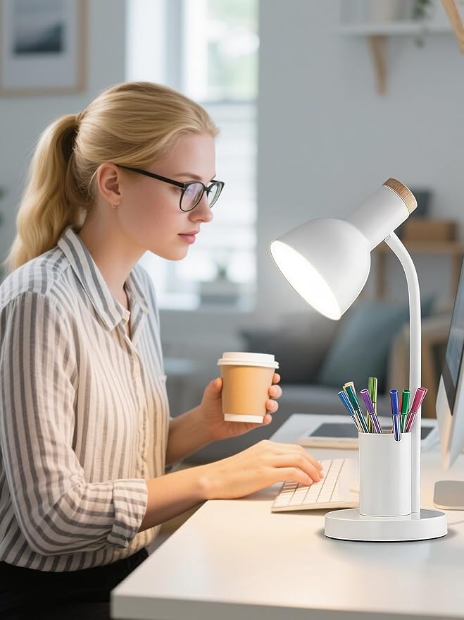 LED Desk Lamp for Home Office, Table Lamp with Pen Holder, 3 Color Modes Reading Light, Eye-Caring Desk Light with Gooseneck, Study Lamp for Kids Bedside Room College Dorm Essentials(White lamp)