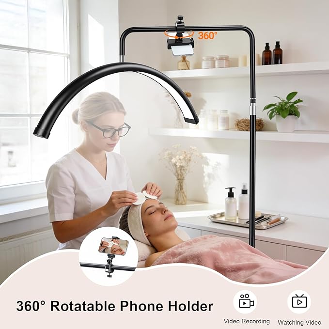Half Moon Lash Light with Phone Holder, 28" LED Esthetician Floor Lamp for Eyelash Extensions, Dimmable Professional Beauty Light for Lash Artists, Tattoo, Nail Art, Facial, Skincare & PMU Salon