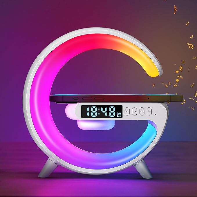 DEECOZY Mini Wireless Charger Atmosphere Lamp, Bluetooth Speaker LED Table Lamp, 10 Lights Mode Dimmable Night Light Bedside Lamp Alarm Clock with Music for Christmas Birthday Valentines Day Gifts