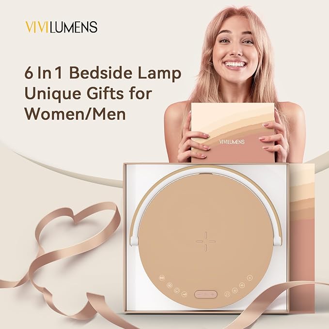 Vivilumens Birthday Gifts for Women 6 in 1 Bedside Lamps with Wireless Charger Bluetooth Speaker White Noise Machine Timer Setting Dimmable Touch Personalized Night Light with Phone Holder(Pink