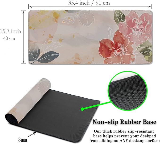 Gaming Mousepad Pink Cute Desk Mat Large Mouse Pads Large Mouse Pad for Woman Keyboard Mouse Pad The Desk Pad Non-Slip Rubber Base 35.4" X 15.7" for Game Office, Floral Watercolor Art