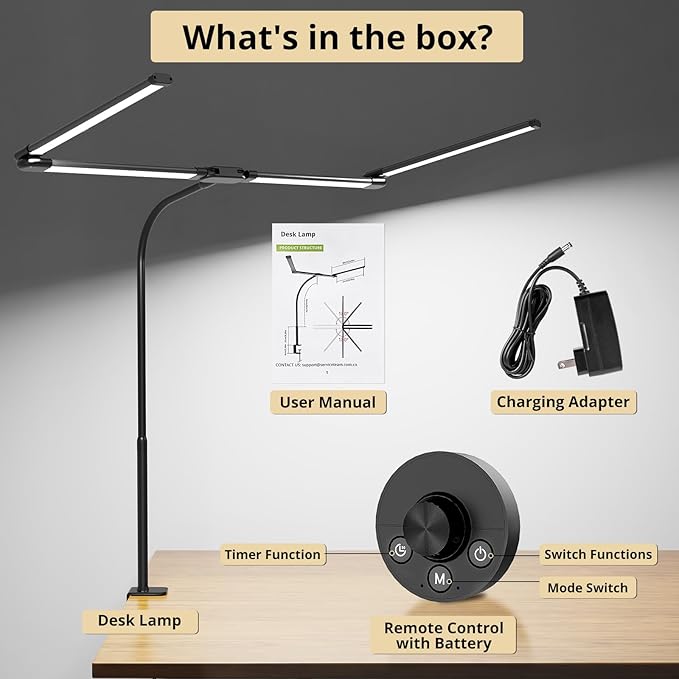 Desk Lamp, Clamp Desks Lamps for Home Office, 24W Flexible Gooseneck Table Lamp, 10 Color Modes & Brightness Eye-Caring Desk Light w/USB Adapter (12V2A Black)