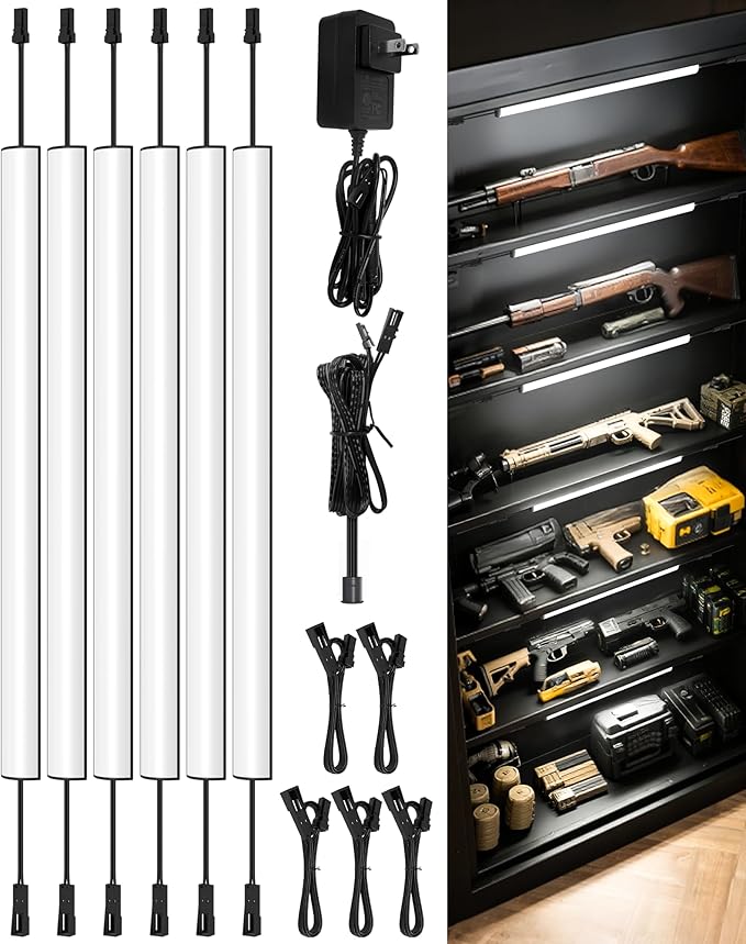 ASOKO Gun Safe Lighting Kit, 6pcs Linkable 12Inch Light Bars,1600LM Motion Activated Under Cabinet Lighting with 24V 1A Power Adapter, 6000K Cool White for Gun Safe Locker Closet Display Case