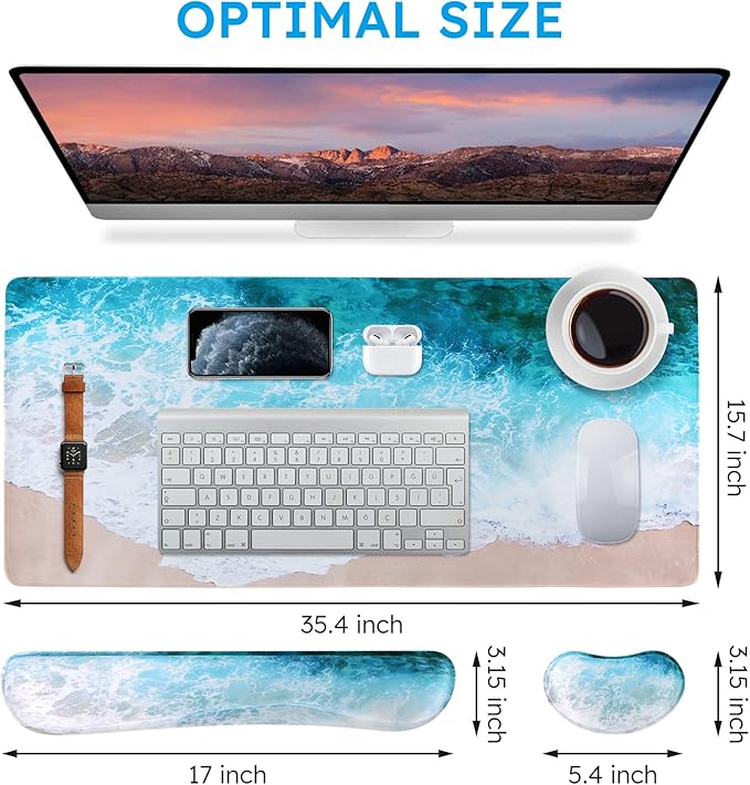 iCasso Keyboard Mouse Pad Set, Extended Gaming Mouse Pad + Keyboard Wrist Rest Support, Memory Foam, Easy Typing & Comfort, 3Pcs (35.4×15.7 in) Large Ultra Thick Mousepad Desk Mat (Beach)