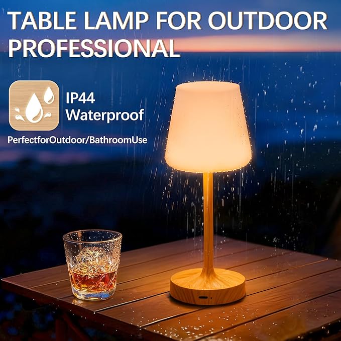 Small Shower Lamp Waterproof: Table Lamp with 4000mAH Battery - Rechargeable 3 Dimmable Cordless LED Lamp for Desk Bedroom Living Room Bathroom - Wood Grain Touch Light for Parents Kids
