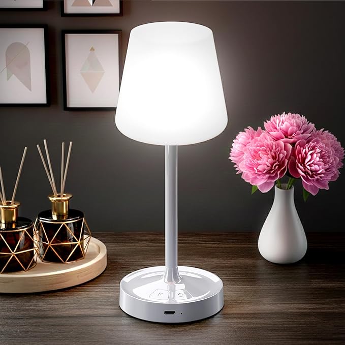 Small Shower Lamp Waterproof: Table Lamp with 4000mAH Battery - Rechargeable 3 Dimmable Cordless LED Lamp for Desk Bedroom Living Room Bathroom - White Touch Light for Parents Kids