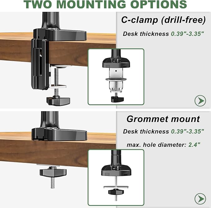 Sinlge Monitor Mount for 13 to 34 inch Flat/Curved Computer Screen, Gas Spring Ultrawide Monitor Arm Holds up to 26.5 lbs, Clamp & Grommet Base, VESA 75x75/100x100mm, Black