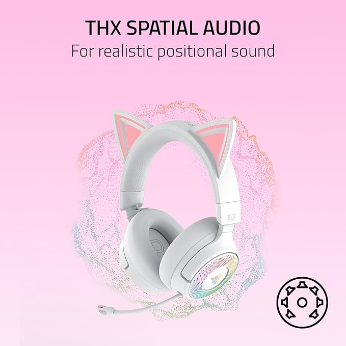 Razer Kraken Kitty V3 Pro Wireless RGB Gaming Headset: Chroma RGB Kitty Ears - 2.4 GHz, Bluetooth 5.3, USB A - Super Wideband Mic - 40mm Drivers - THX Spatial Audio - Comfortable Ear Cushions - White