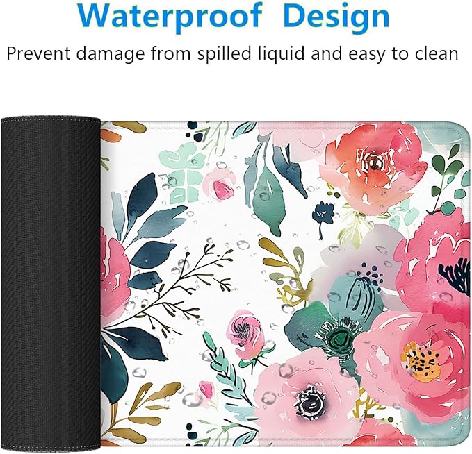 Pink Floral Gaming Mouse Pad Watercolor Flower Plant Large Gaming Mouse Mat with Stitched Edges,Non-Slip Waterproof Rubber Base Mous Mat 31.5"x11.8" Office Computer Keyboard Laptop Home