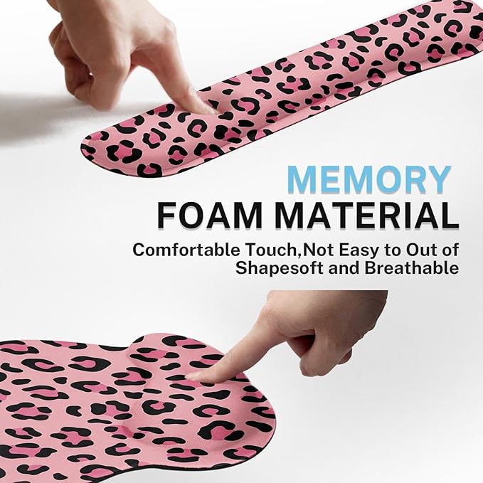 Arttown Leopard Desk Mat Pink and Black Leopard Mouse Pad Set 4 in 1 Ergonomic Design Large Mouse Pad + Keyboard Wrist Rest + Mouse Wrist Rest + Coaster Suitable for Home Office Study Game
