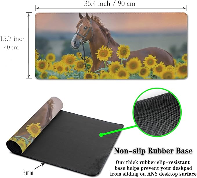 Gaming Desk Mat Sunflowers, Gaming Mousepad Computer Desk Pad, Home Office Decor Non-Slip Rubber Base Waterproof with Stitched Edges, 35.4 X 15.7 inch for Work/Game/Office/Home Red Stallion