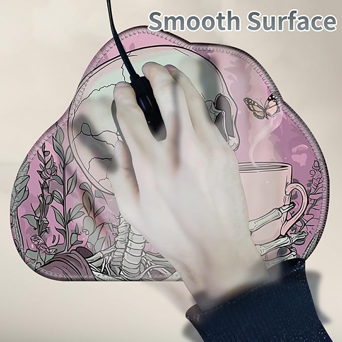 Cute Mouse Pad Plus 1 Coaster, Small Gaming Mouse Mat 11.8 x 9.45 inches, Travel Mouse Pads with Durable Stitched Edges Non-Slip Base, Skull Coffee Pink Decor Mousepad for Office Home
