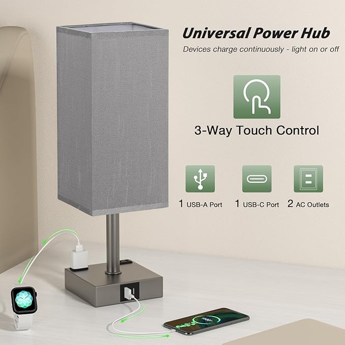 aooshine Dark Grey Touch Lamps Set of 2 - Nightstand Lamp with USB-C + A Charge Ports & AC Outlets, 3-Way Dimmable Bedside Lamp, Small Table Lamp Light for Bedroom (Bulb Included)