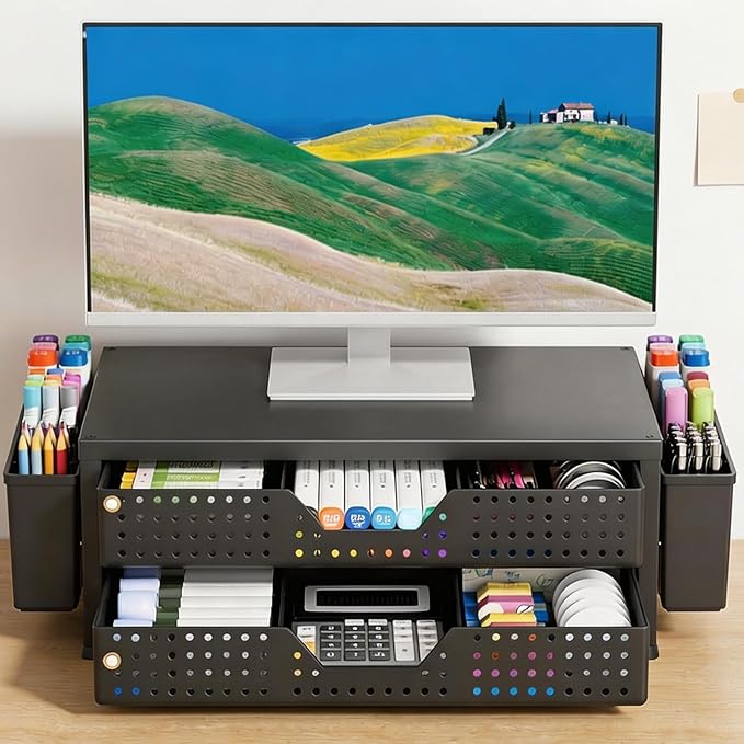 OPNICE Computer Monitor Stand Riser with 2 Drawers & 2 Pen Holders, Desk Organizer for Office Supplies, Laptop Stand for Desk, Workspace Desk Organizers and Accessories for Home Office, Black