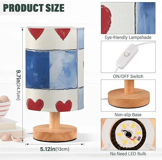 Blue Heart LED Table Lamp, Bedside Lamp with Linen Lampshade, Flicker-Free Eye Care USB Plug in Nightstand Lamp, for Bedroom and Office
