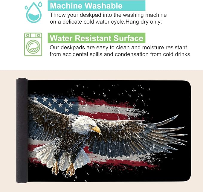 Desk Mat, XXL Extended Gaming Pad for Desktop, 35x16 Inches Patriotic Bald Eagle US Flag Design, Large Non-Slip Vegan Leather Surface with Stitched Edges, Keyboard Mouse Mat for Home Office