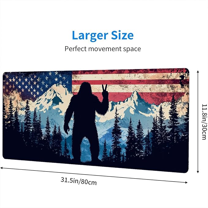 American Flag Bigfoot Desk Mat Gaming Mouse Pad Forest Mountain Extended Gaming Mouse Pad Mat with Stitched Edge Non-Slip Base Big Mouse Pad Office Computer Keyboard Laptop Home 31.5"x11.8"