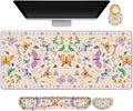 ARTSO Desk Mat Set, Apricot Extended Gaming Mouse Pad with Wrist Rest Support +Keyboard Wrist Rest +Coaster, Large Cute Butterfly Mousepad, Easy Typing & Comfort