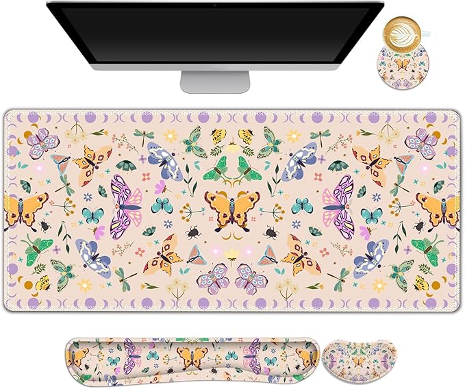 ARTSO Desk Mat Set, Apricot Extended Gaming Mouse Pad with Wrist Rest Support +Keyboard Wrist Rest +Coaster, Large Cute Butterfly Mousepad, Easy Typing & Comfort