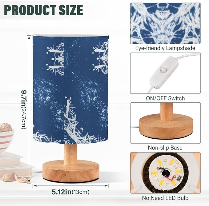 Blue Snowflake LED Table Lamp, Bedside Lamp with Linen Lampshade, Flicker-Free Eye Care USB Plug in Nightstand Lamp, for Bedroom and Office