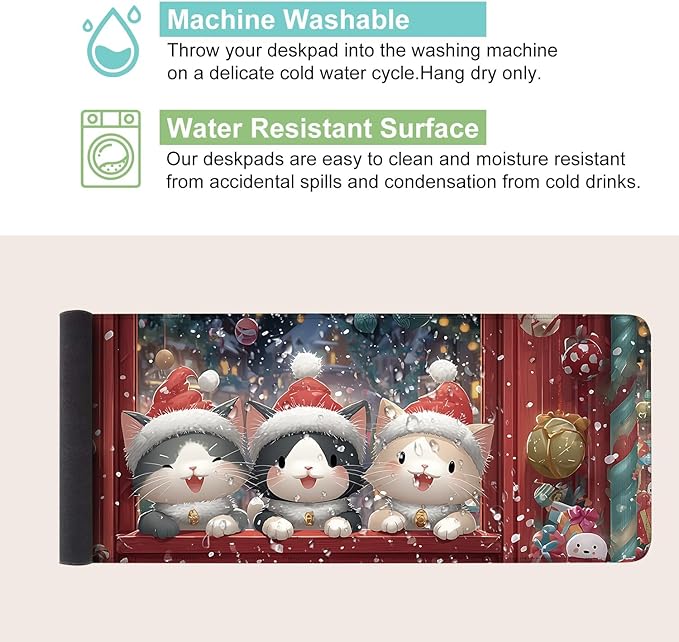 Desk Mat, XXL Extended Gaming Pad for Desktop, 31x12 Inches Cats in Santa Hats at Window, Large Non-Slip Vegan Leather Keyboard Mouse Mat for Home Office