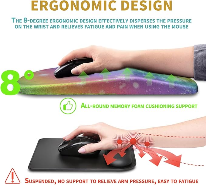 Hokafenle Ergonomic Mouse Pad Wrist Support with Massage Design, Wrist Rest Mousepad with Memory Foam&Non-Slip PU Base, Mouse Pads for Wireless Mouse & Desk (12x8 inch,Rainbow Bubble)