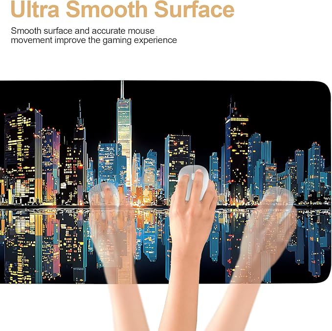 Large Mouse Pad & Keyboard Mat 35x16 Inches, Modern City Nightscape with Neon Lights Non-Slip Rubber Base Desk Mat, Large Extended Desk Protector for Home Office Gaming Setup