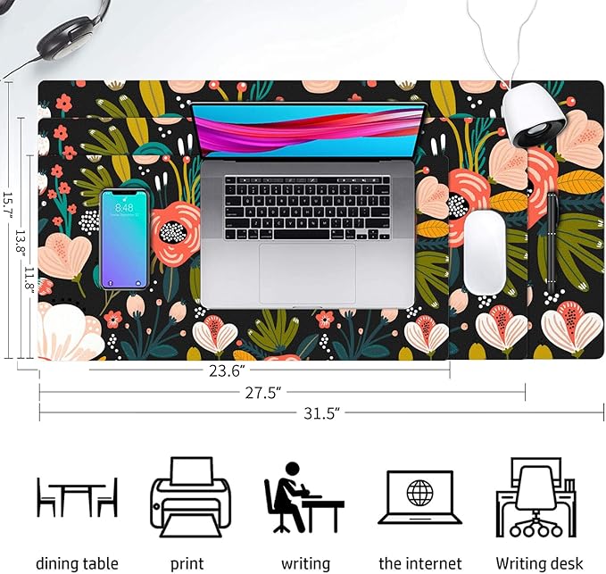 Desk Mat Large Protector Pad 31.5" ×15.7", Non-Slip PU Leather Desk Blotter, Waterproof Mouse Pad for Office Home Black Floral