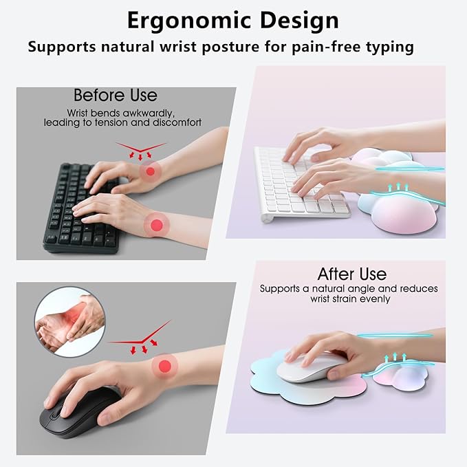 Cloud Wrist Rest for Computer Keyboard, 4-in-1 Memory Foam Leather Cloud Keyboard Wrist Rest and Mouse Pad Set with Ergonomic Support for Arm and Palm Cushion, Gaming/Work Setup, Rainbow