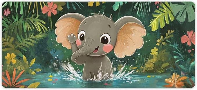 Large Ergonomic Gaming Mouse Pad Playful Baby Elephant - Fun Safari Animal Theme with Non-Slip Base Water-Resistant Surface and Stitched Edges 40x90cm
