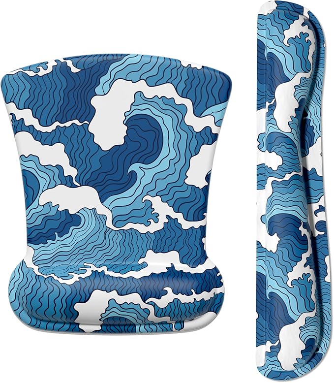 ITNRSIIET Mouse Pad Wrist Support Keyboard Wrist Rest Pad Ergonomic Mousepad Non-Slip Memory Foam Keyboard Pad Easy Typing Pain Relief Perfect for PC Laptop Gaming Office, Japanese Style Waves