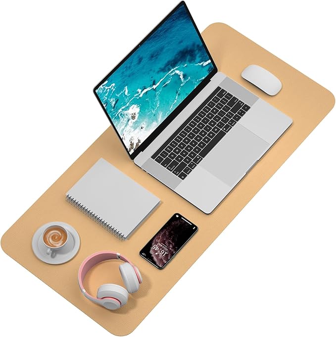 Hsurbtra Desk Pad, 35.5" x 17" PU Leather Desk Mat, XXL Extended Mouse Pad, Waterproof Desktop Blotter Protector, Non-Slip Ultra Thin Large Laptop Keyboard Writing Mat for Office Home, Earth Yellow