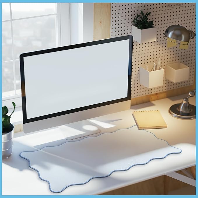 Scalloped Desk Mat Large Scalloped Piping Cute Desk Mat Aesthetic Preppy Table Pad Large Nonslip Pad with Edge Stitching Waterproof Gaming(Blue,23.62 x 13.78 Inches)
