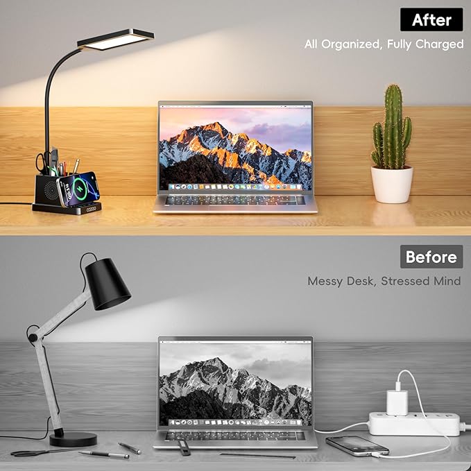cozoo LED Desk Lamp for Home Office, 15W Bright Desk Light with Wireless Charger Pen Holder, Gooseneck Small Table Lamp for Bedroom, Study, Reading, Work, Task, Craft, College Dorm Room Accessories
