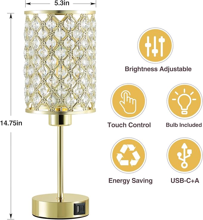 GyroVu Crystal Table Lamp, Gold Touch Lamp for Nightstand with USB C+A Ports, Dimmable Lamp with Crystal Shade, Bedside Lamp Small Lamp for Bedroom, Living Room(Buld Included)