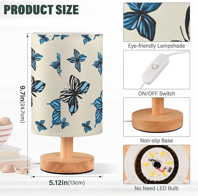 Blue Butterfly LED Table Lamp, Bedside Lamp with Linen Lampshade, Flicker-Free Eye Care USB Plug in Nightstand Lamp, for Bedroom and Office