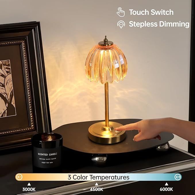 Tulip Table Lamp with 5000mAh Battery & Touch Control, Cordless Table Lamp with 3 Colors, Dimmable Rechargeable Table Lamps for Bedroom, Nightstands, Living Room, Entryways (Amber Tulip)