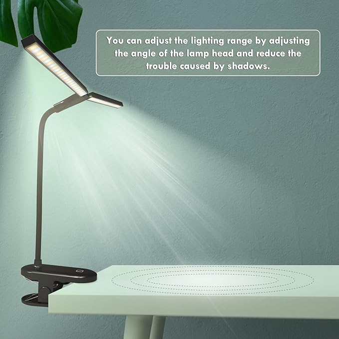 deaunbr LED Reading Light with Clip, Desk Lamp 48 LEDs 2600mAh Battery USB Rechargeable Book Lights Stepless Adjustable Brightness Eye Protection Table Lamps for Bed Headboard, Home, Office - Black