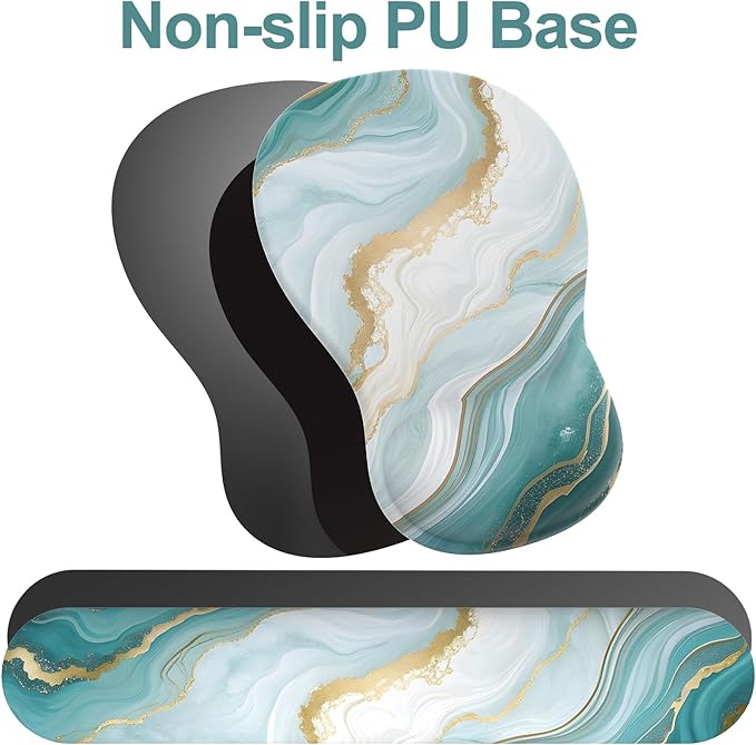 Ergonomic Mouse Pad with Wrist Rest and Keyboard Wrist Rest, Gel Mousepad and Wrist Rest for Computer Keyboard, Non-Slip PU Base, Mouse Pad Wrist Support for Gaming, Blue Green Marble