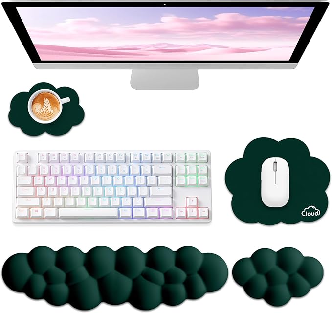 Cloud Wrist Rest for Computer Keyboard, 4-in-1 Memory Foam Leather Cloud Keyboard Wrist Rest and Mouse Pad Set with Ergonomic Support for Arm and Palm Cushion, Gaming/Work Setup, Dark Green